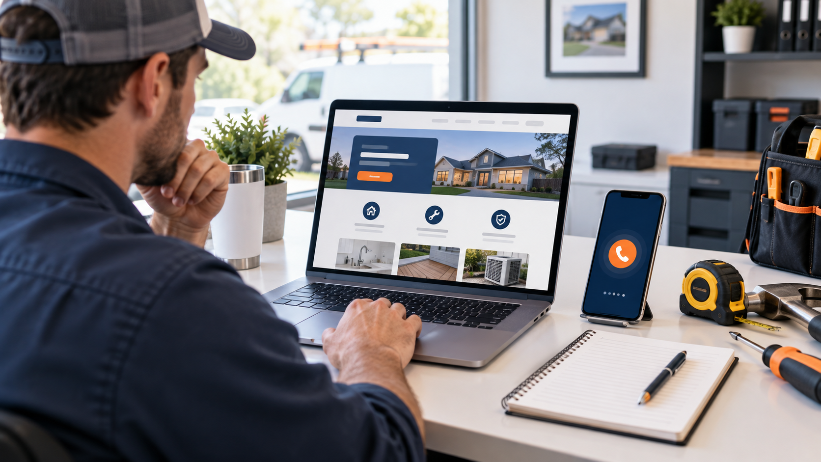 Local service business owner reviewing a website and call option